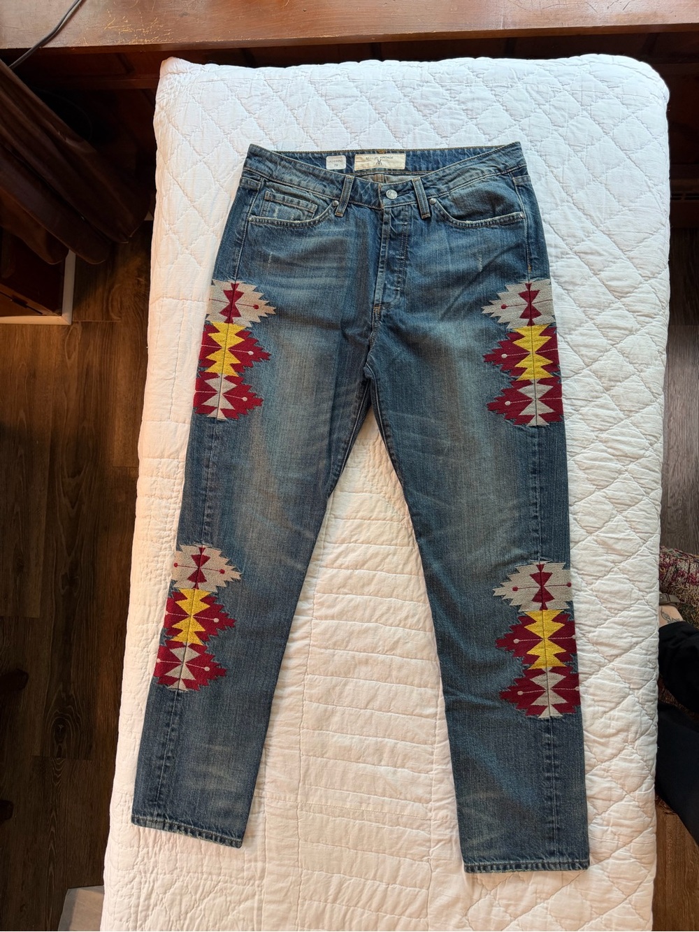 Miss Me Blue Straight Leg Jeans with Geometric Embroidery